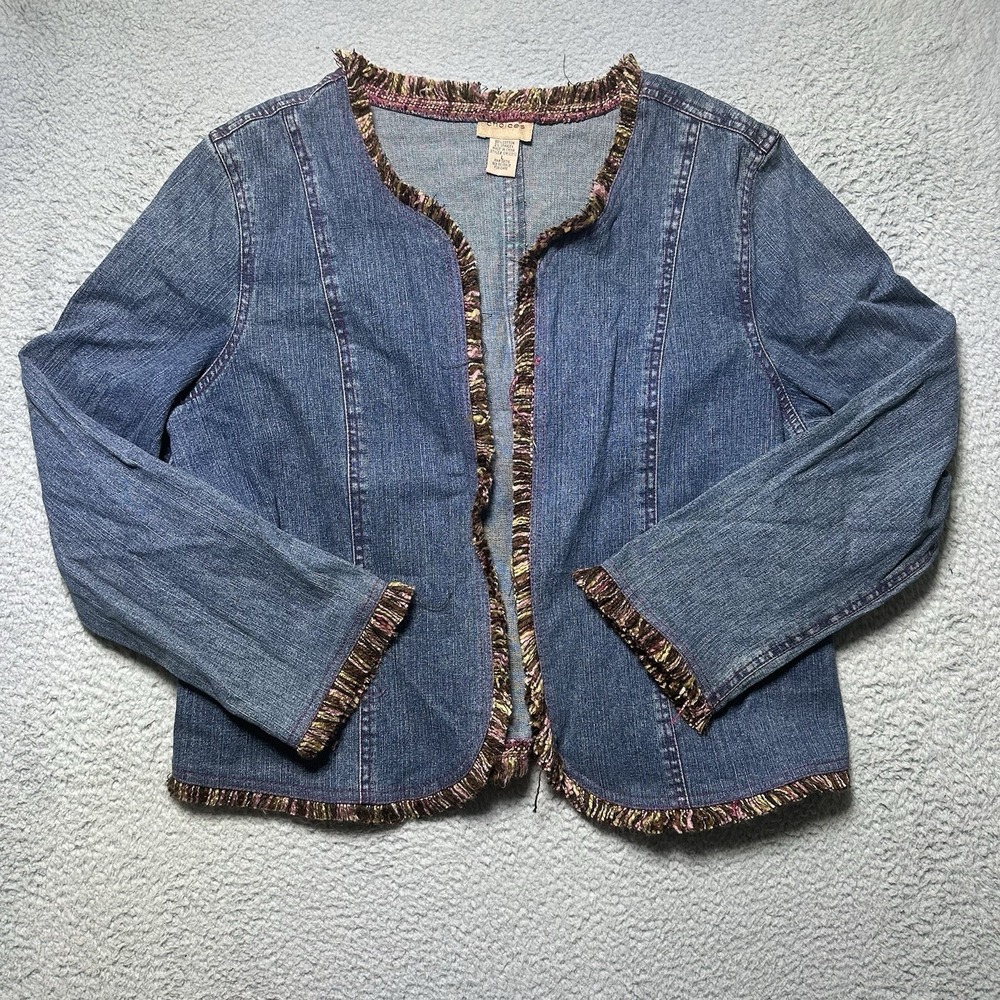 Choices Women's Vintage Denim Fringe‎ Jacket Boho Cottagecore Size Large L